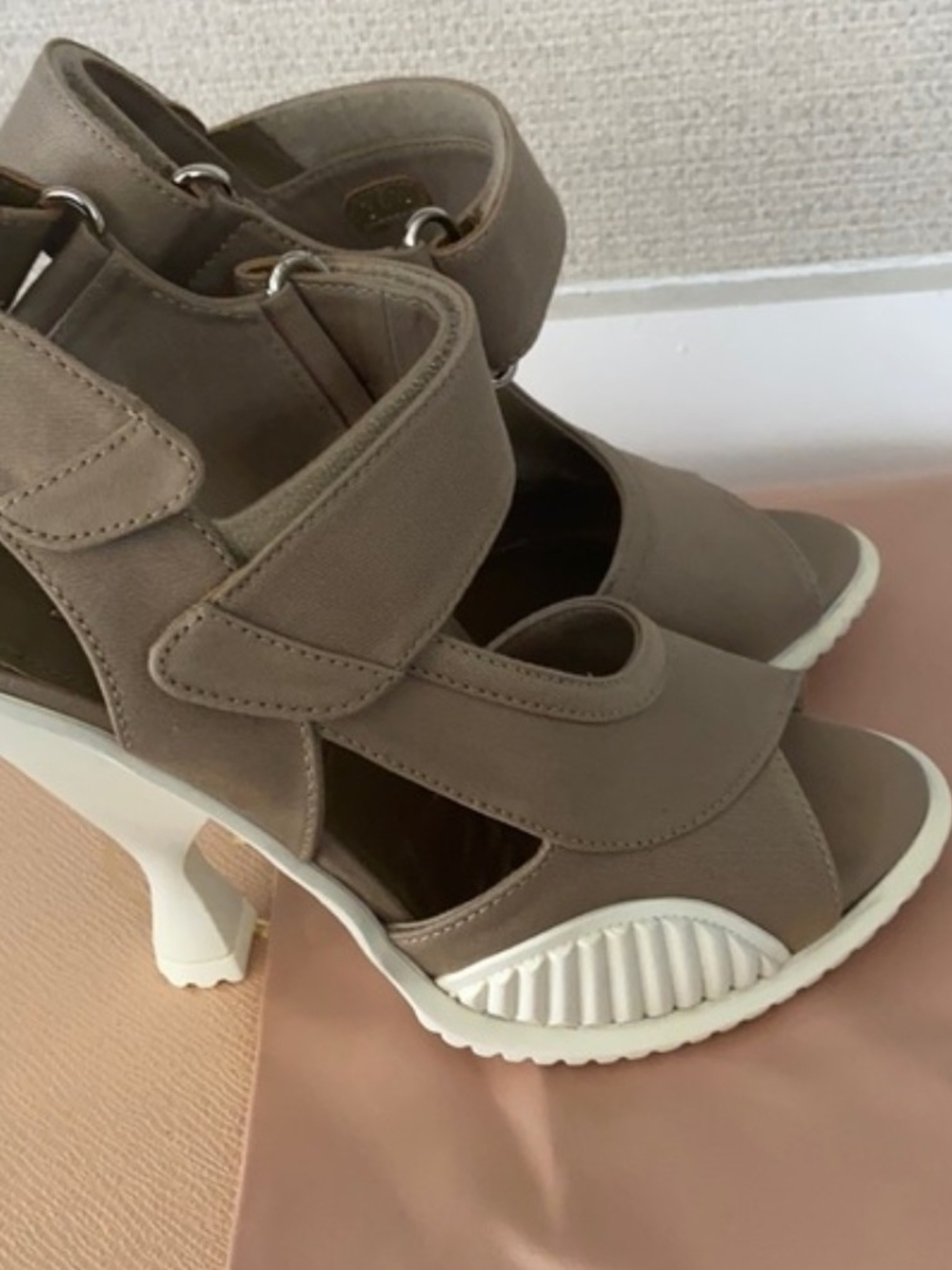 Prada Taupe and White Open-Toe Heeled Sandals